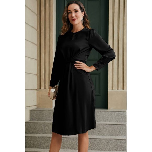 Black Twist Front Tie Back Long Sleeve Satin Dress - Picture 6 of 16